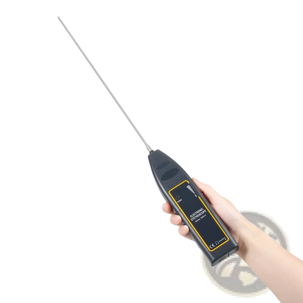 Black handheld automotive electronic stethoscope with long metallic probe and yellow labeling for engine noise diagnostics