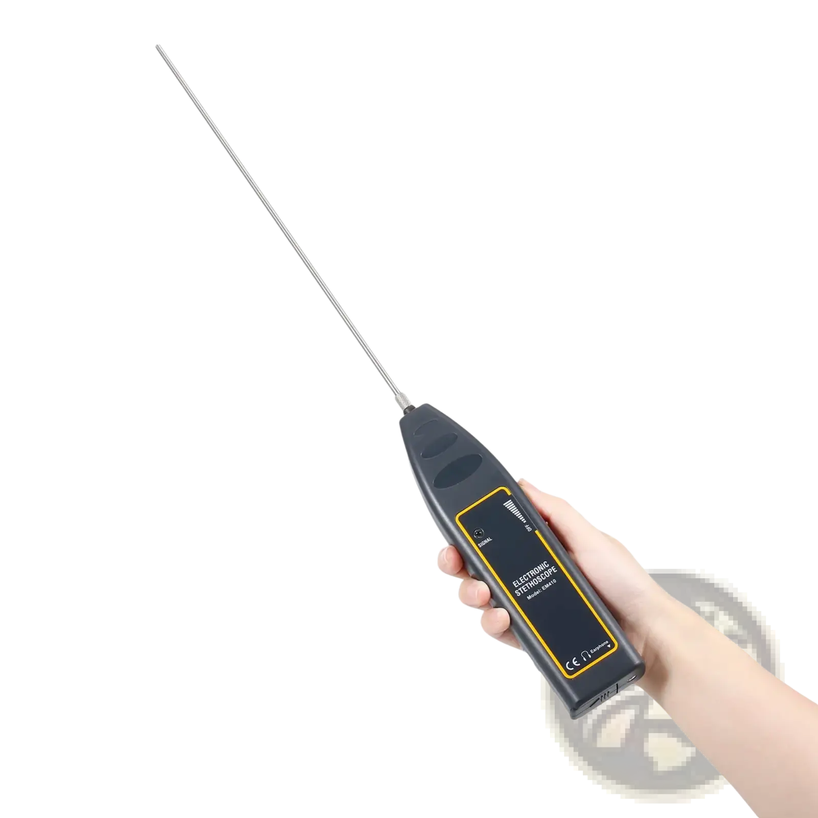 Black handheld automotive electronic stethoscope with long metallic probe and yellow labeling for engine noise diagnostics