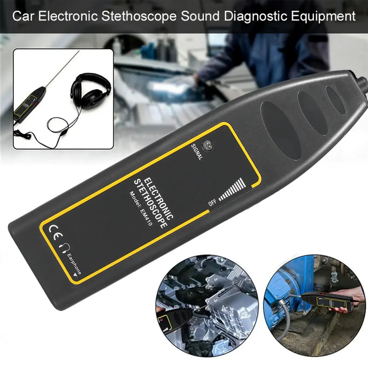 Black automotive electronic stethoscope diagnostic tool with yellow accents and ergonomic design for engine noise detection
