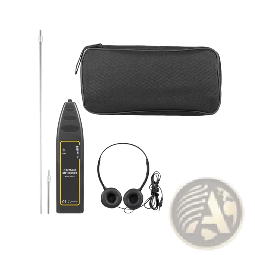 Black electronic stethoscope with yellow labeling and carrying case for automotive engine noise diagnostics with accessories