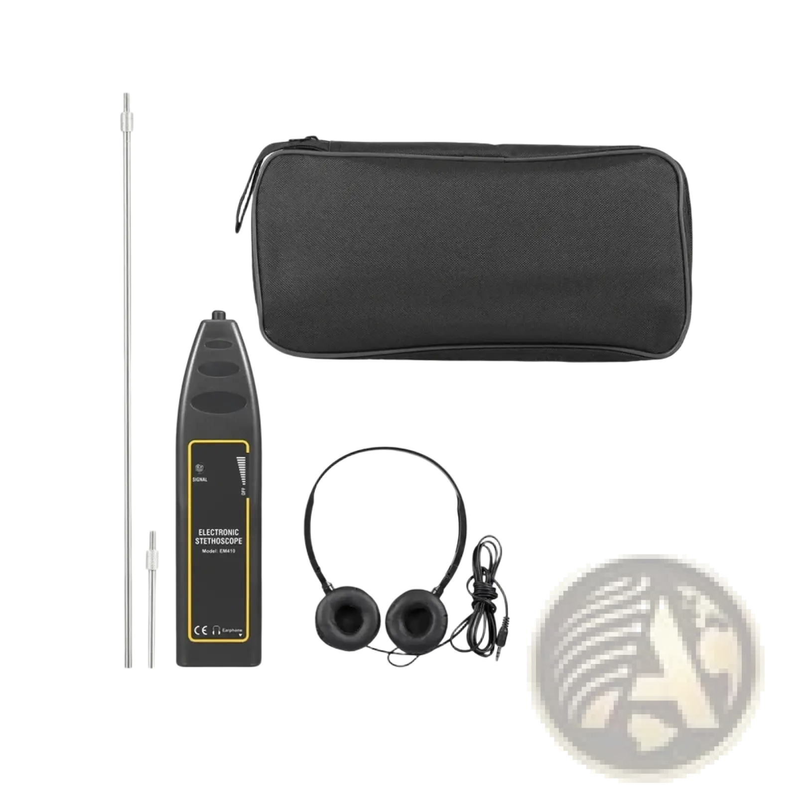 Black electronic stethoscope with yellow labeling and carrying case for automotive engine noise diagnostics with accessories