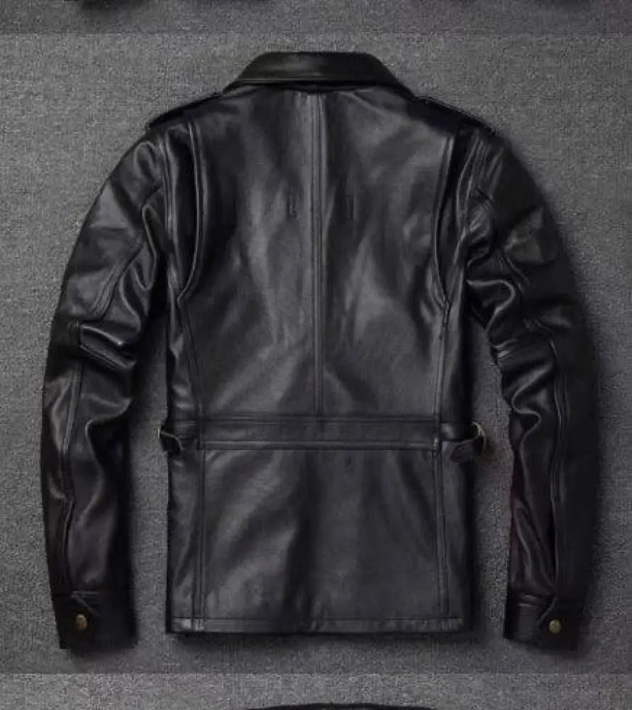 Men’s autumn winter tactical workwear black leather jacket with classic tailored design and subtle stitching details