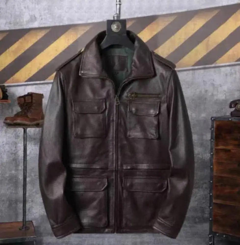 Men’s autumn winter tactical workwear leather jacket in dark brown with classic collar and multiple flap pockets