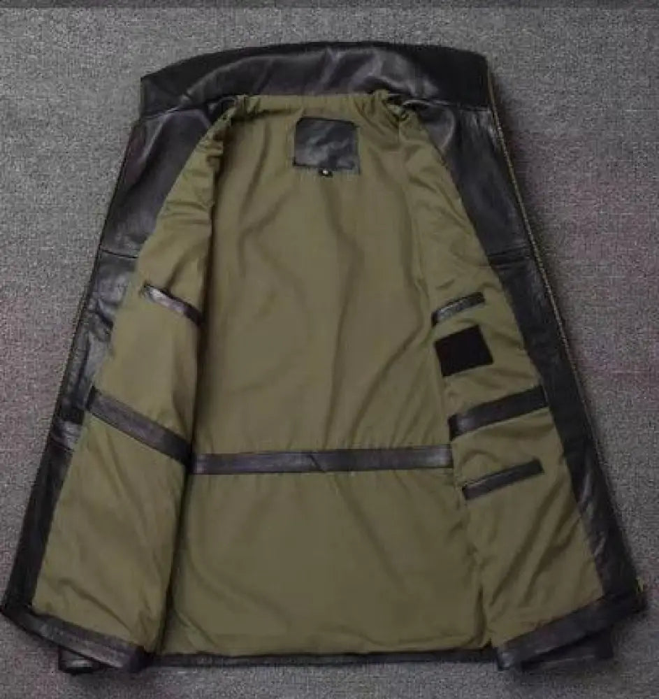 Men’s autumn winter tactical workwear leather jacket in olive green and black with leather trim and reinforced panels