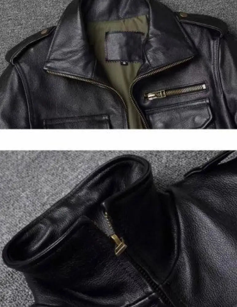 Men’s autumn winter tactical workwear leather jacket in black with high collar, front zipper, and olive green lining