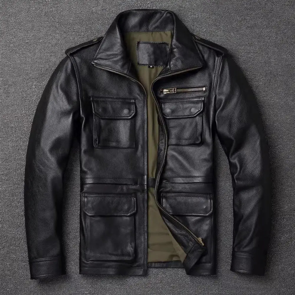 Black leather men’s autumn winter tactical workwear jacket with multiple pockets and zipper closure