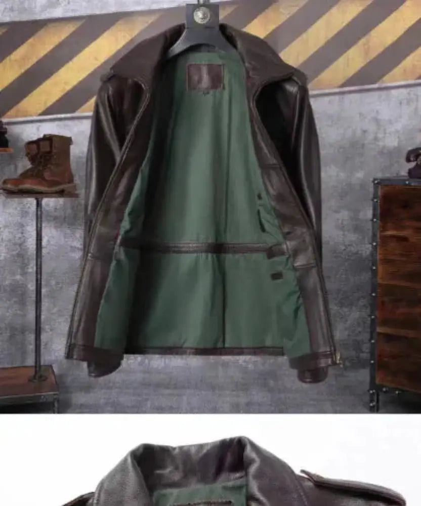 Men’s autumn winter tactical workwear dark brown leather bomber jacket with green interior lining