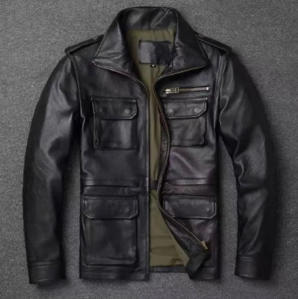 Men’s autumn winter tactical workwear black leather jacket with high collar multiple flap pockets and olive green lining