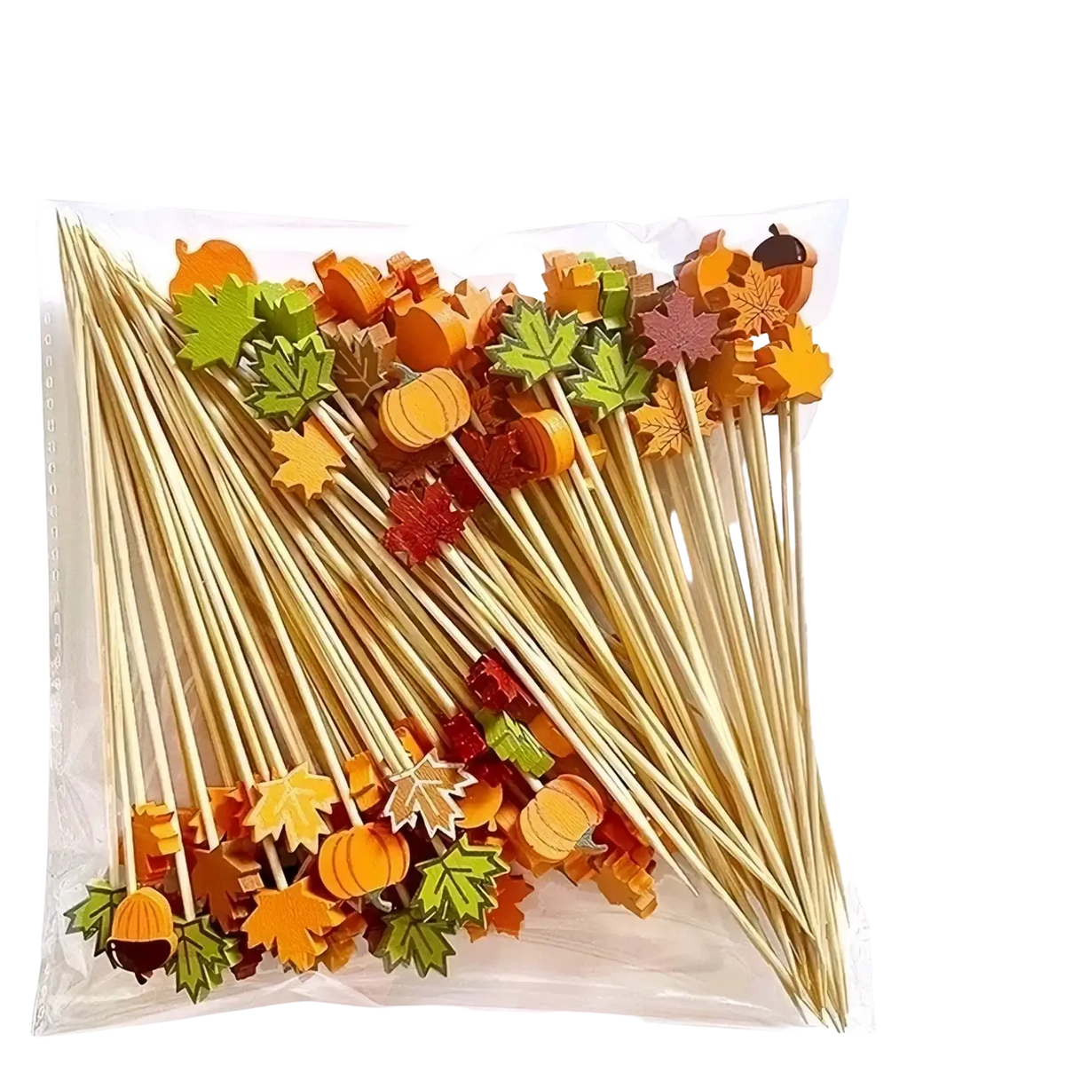 Autumn bamboo food skewers 100 pack with mixed color wooden sticks and decorative pumpkin maple leaf and acorn tops