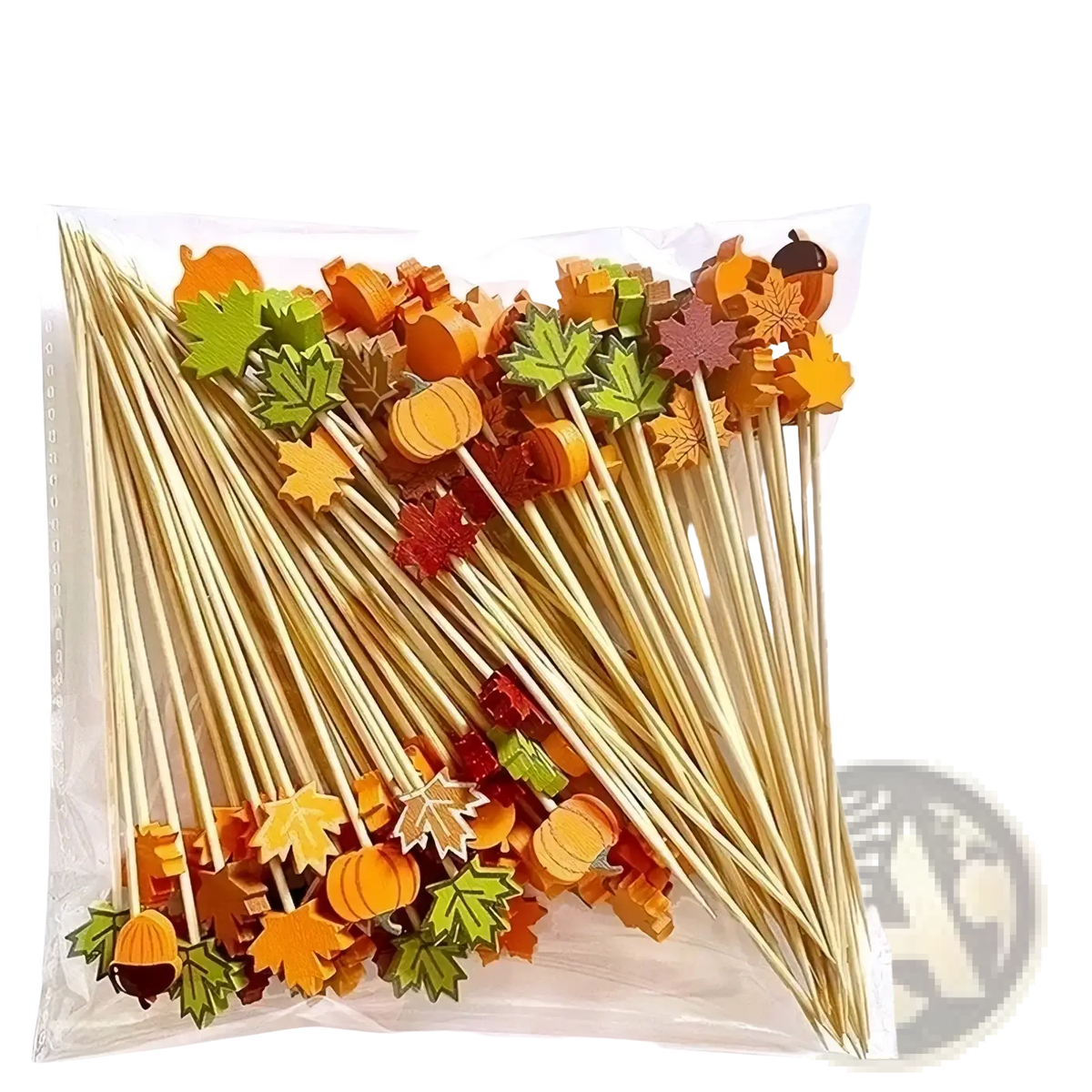 Autumn bamboo food skewers 100 pack with mixed color wooden sticks and decorative pumpkin maple leaf and acorn tops