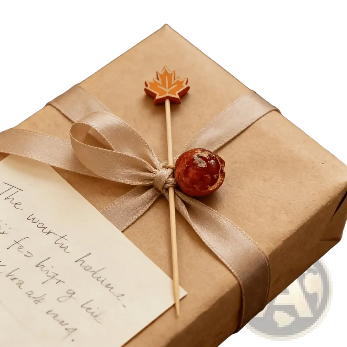 A rustic gift wrapped in brown paper with a beige satin ribbon and an orange maple leaf topper on autumn bamboo skewers