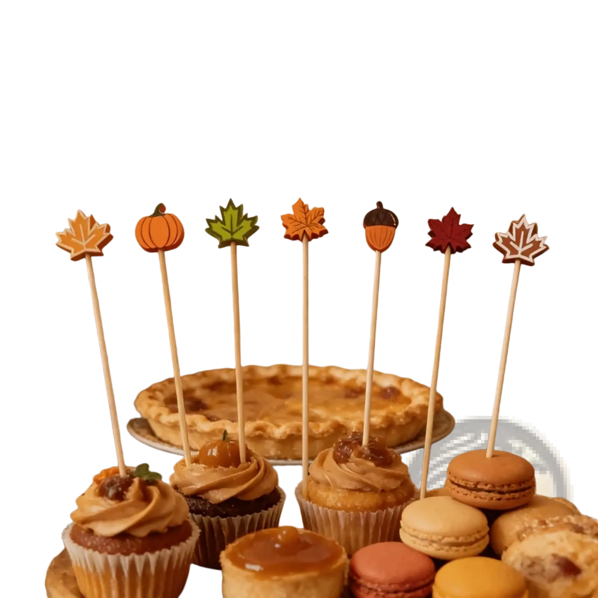 Autumn bamboo food skewers 100 pack with wooden sticks and colorful thanksgiving-themed pumpkin and leaf designs