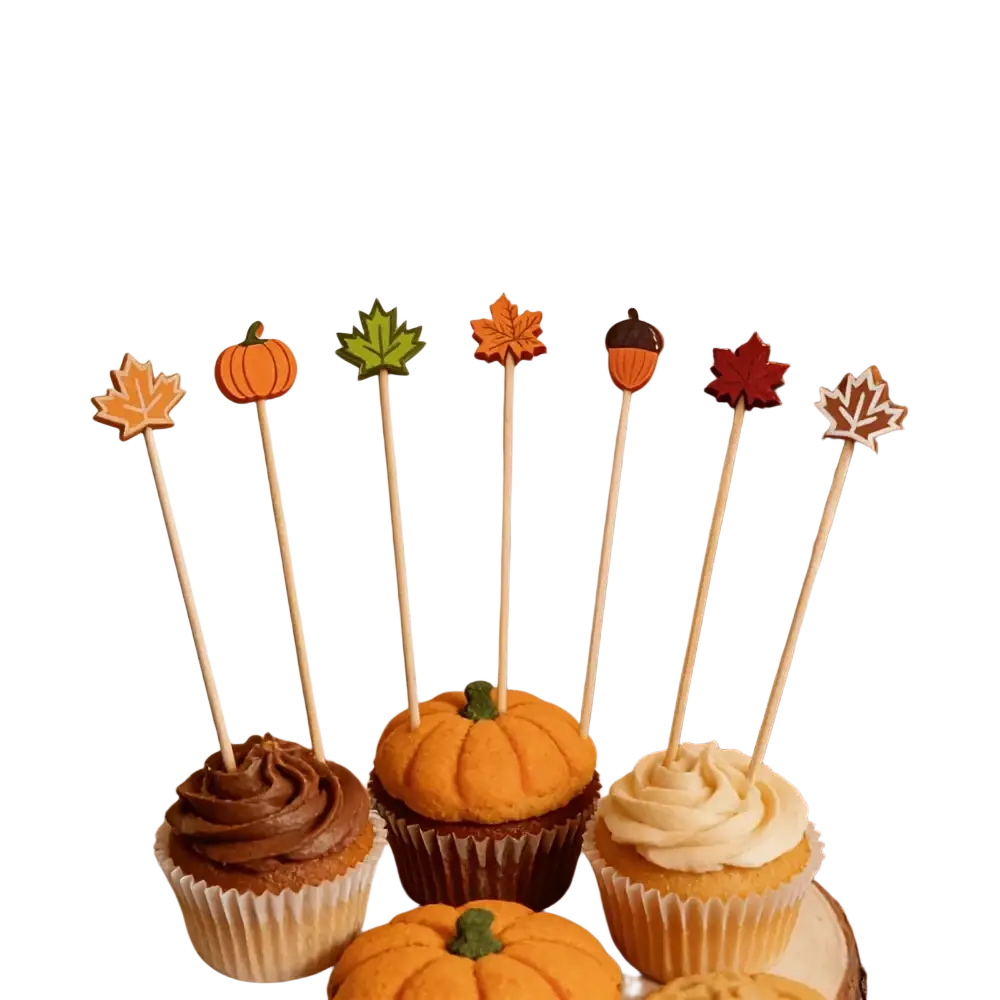 Autumn bamboo food skewers 100 pack featuring wooden sticks with orange green red and brown pumpkin and leaf toppers