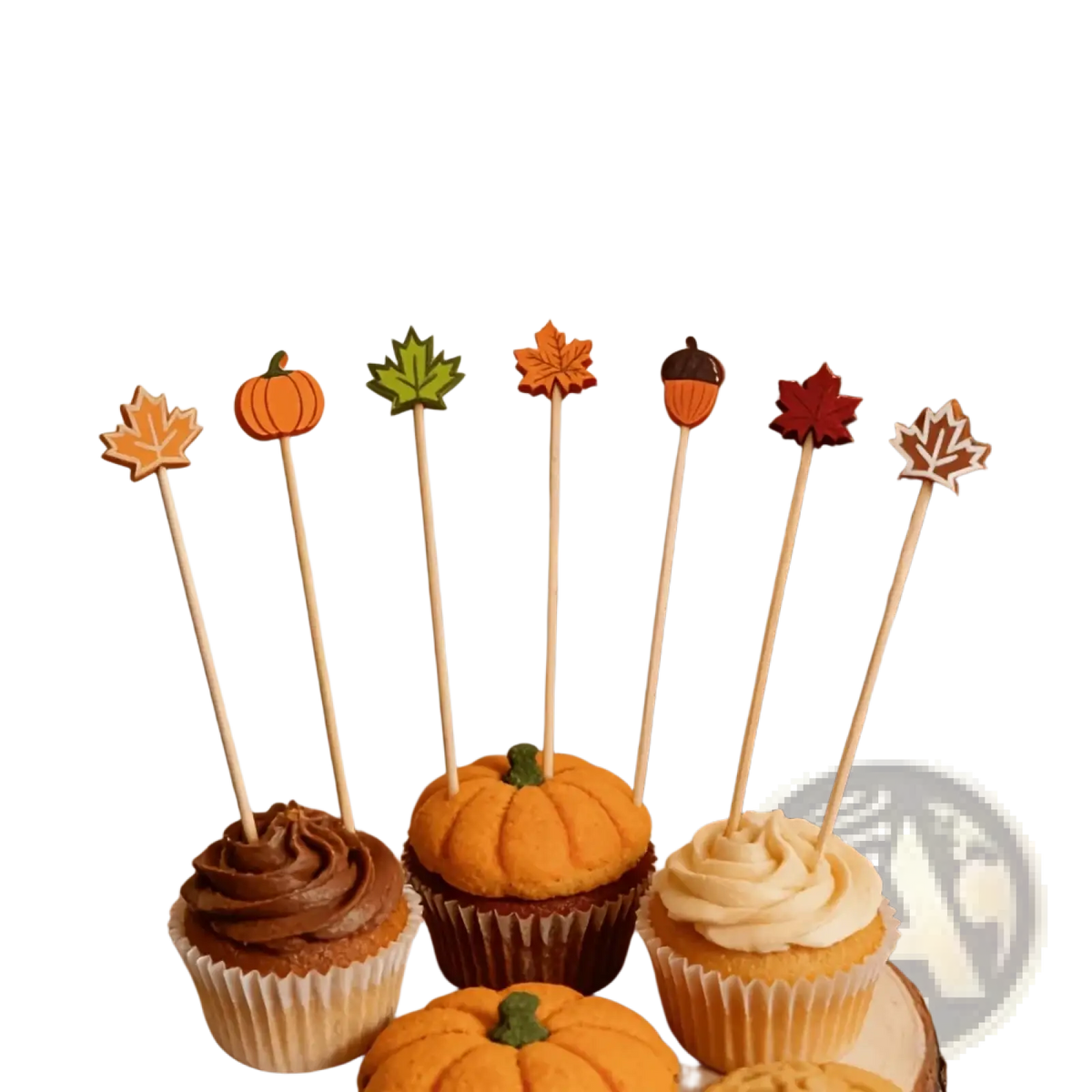 Autumn bamboo food skewers 100 pack featuring wooden sticks with orange green red and brown pumpkin and leaf toppers