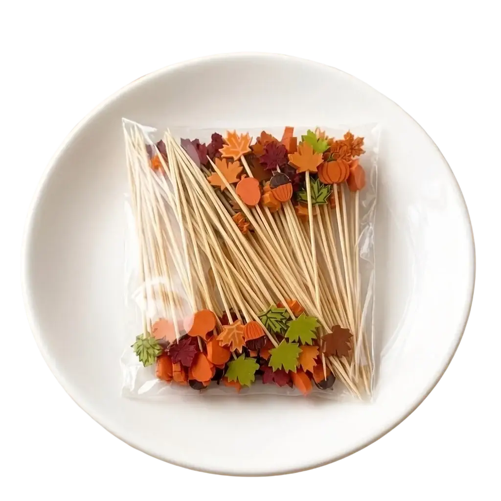 A pack of 100 autumn bamboo food skewers with colorful orange red green and brown foam decorations