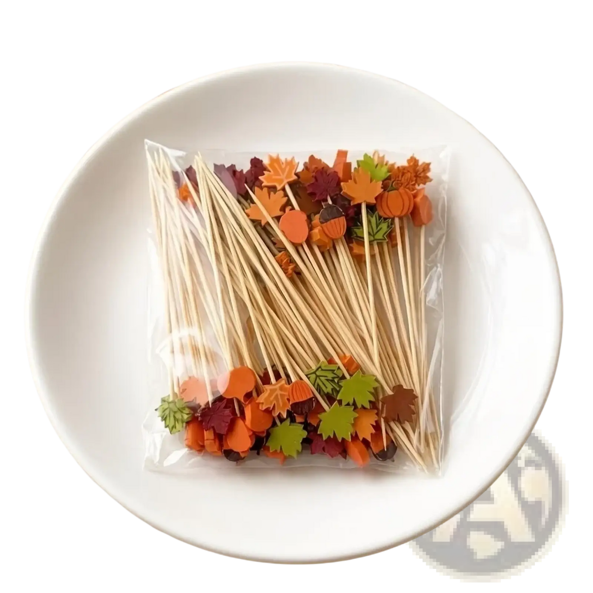 A pack of 100 autumn bamboo food skewers with colorful orange red green and brown foam decorations