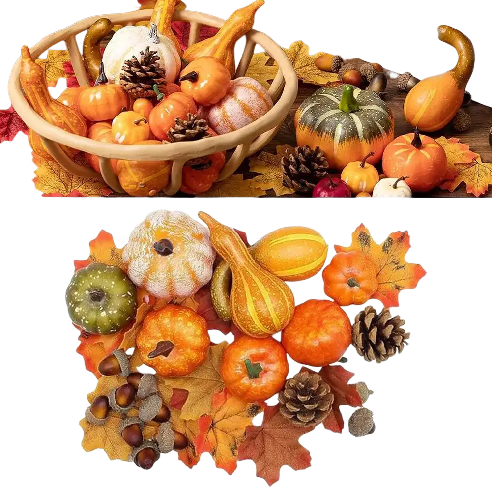 A collection of artificial pumpkins, gourds, pinecones, and autumn leaves for autumn home decor and seasonal display