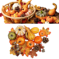 A collection of artificial pumpkins, gourds, pinecones, and autumn leaves for autumn home decor and seasonal display