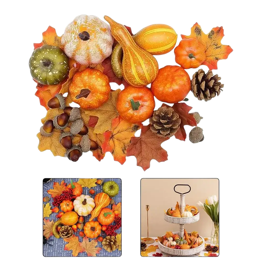 A collection of artificial autumn home decor pumpkins gourds pinecones acorns and autumn leaves in orange green and white