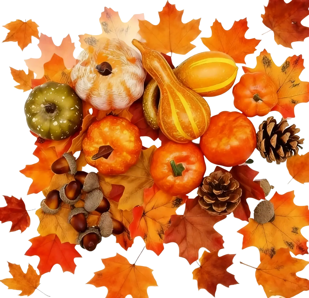 A set of artificial autumn pumpkins and leaves in vibrant orange green and yellow with textured surfaces for autumn home decor