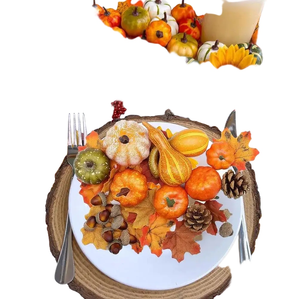 A white ceramic plate with artificial miniature pumpkins gourds pinecones and autumn leaves for autumn home decor
