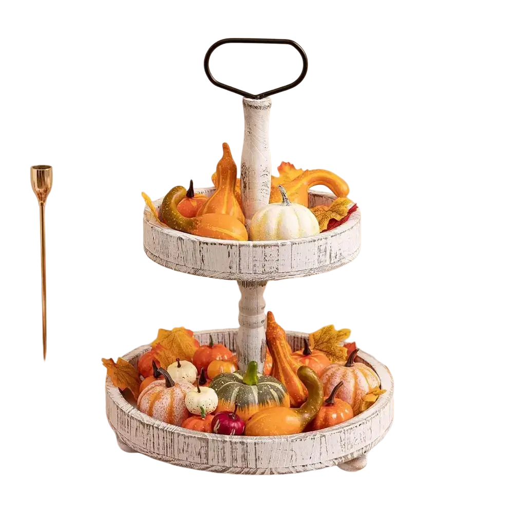 White distressed wood two-tier serving tray with black metal handle featuring artificial autumn leaves and pumpkins decor autumn