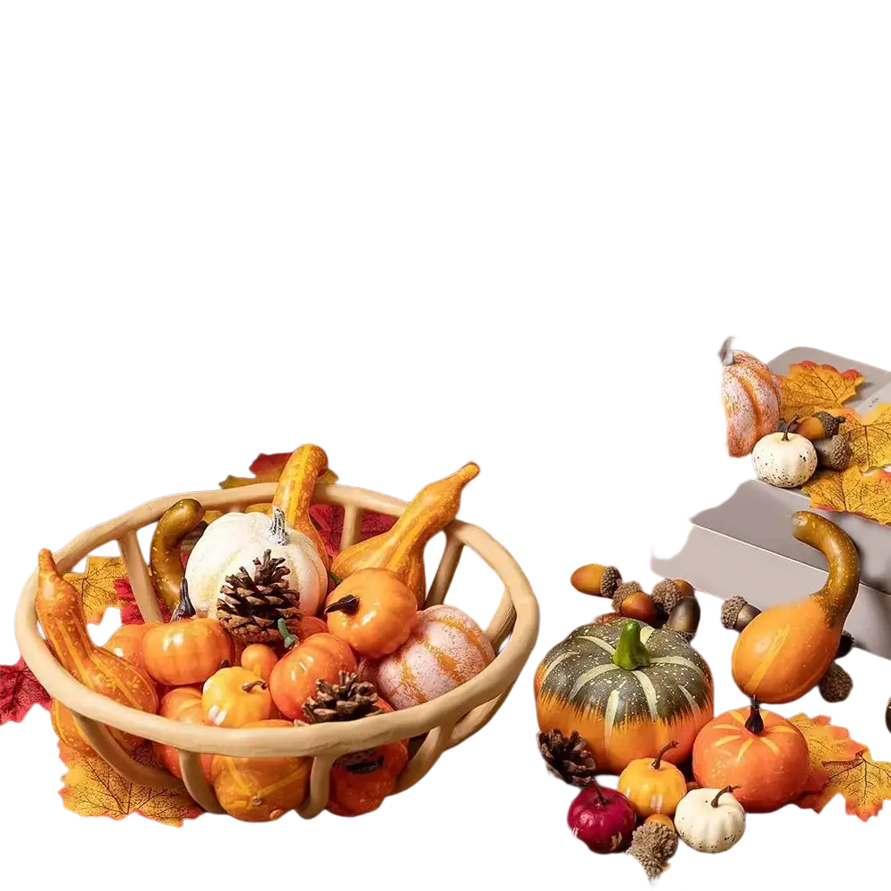 Woven basket filled with assorted artificial pumpkins and gourds in orange white and green for autumn home decor