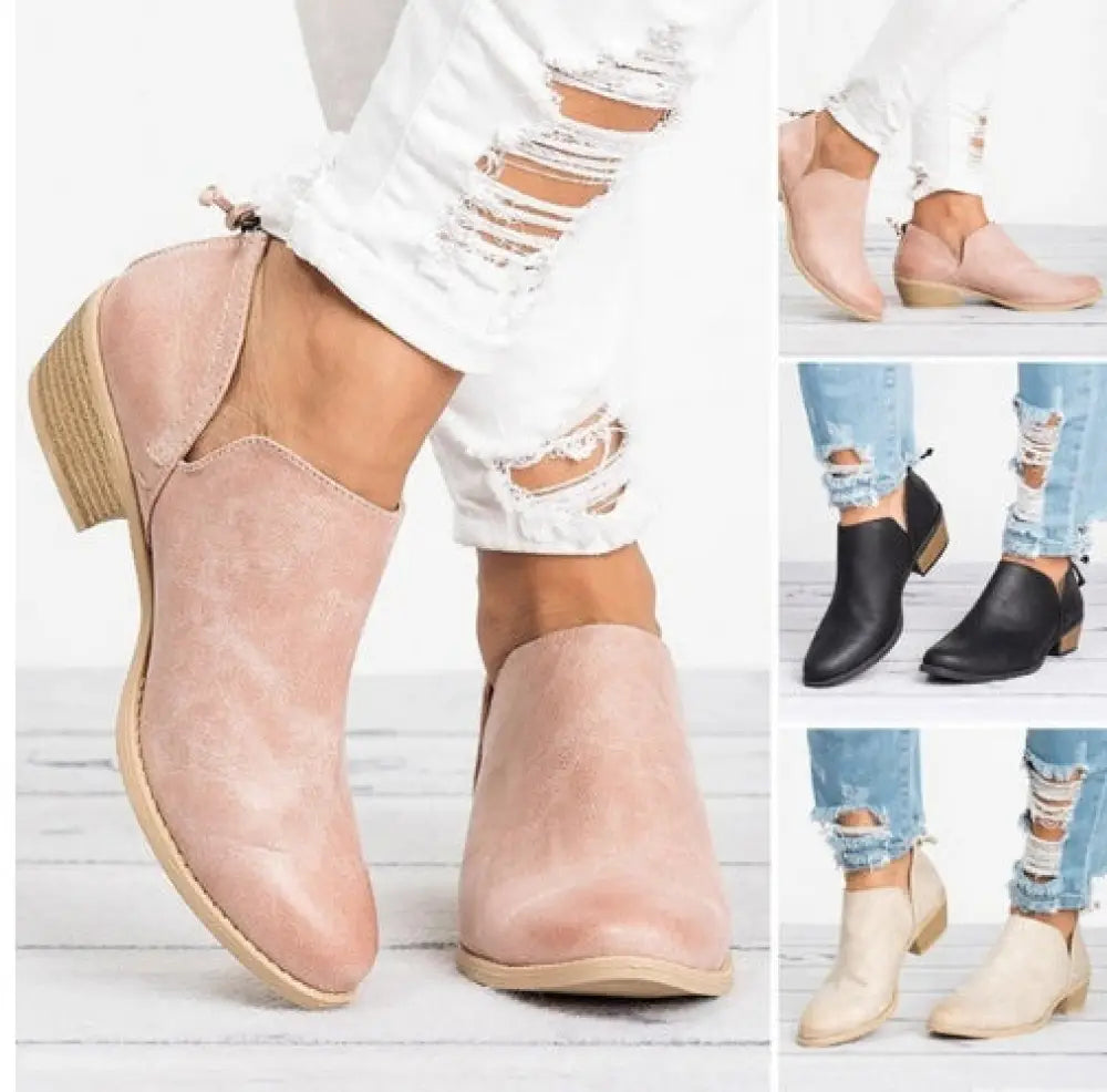 Retro suede low block heel ankle boot in pink with side zipper and low block heel for stylish comfort