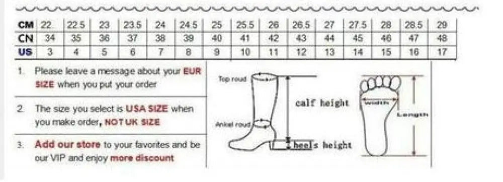 Size chart for retro suede low block heel ankle boots showing measurements in cm cn and us with fitting diagrams