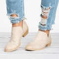 Beige suede ankle boots with a low block heel and pointed toe from the Retro Suede collection
