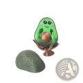 A cute green avocado-shaped 3d printed phone stand desk toy with black eyes pink cheeks holding a copper sphere