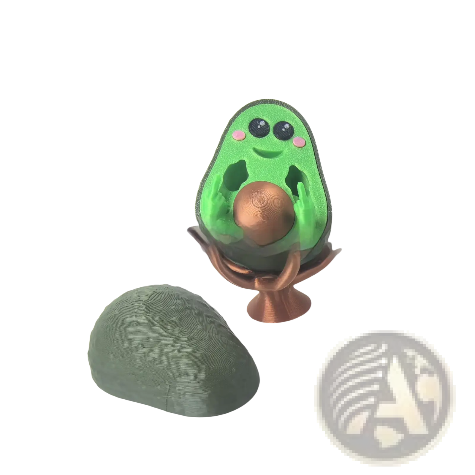 A cute green avocado-shaped 3d printed phone stand desk toy with black eyes pink cheeks holding a copper sphere