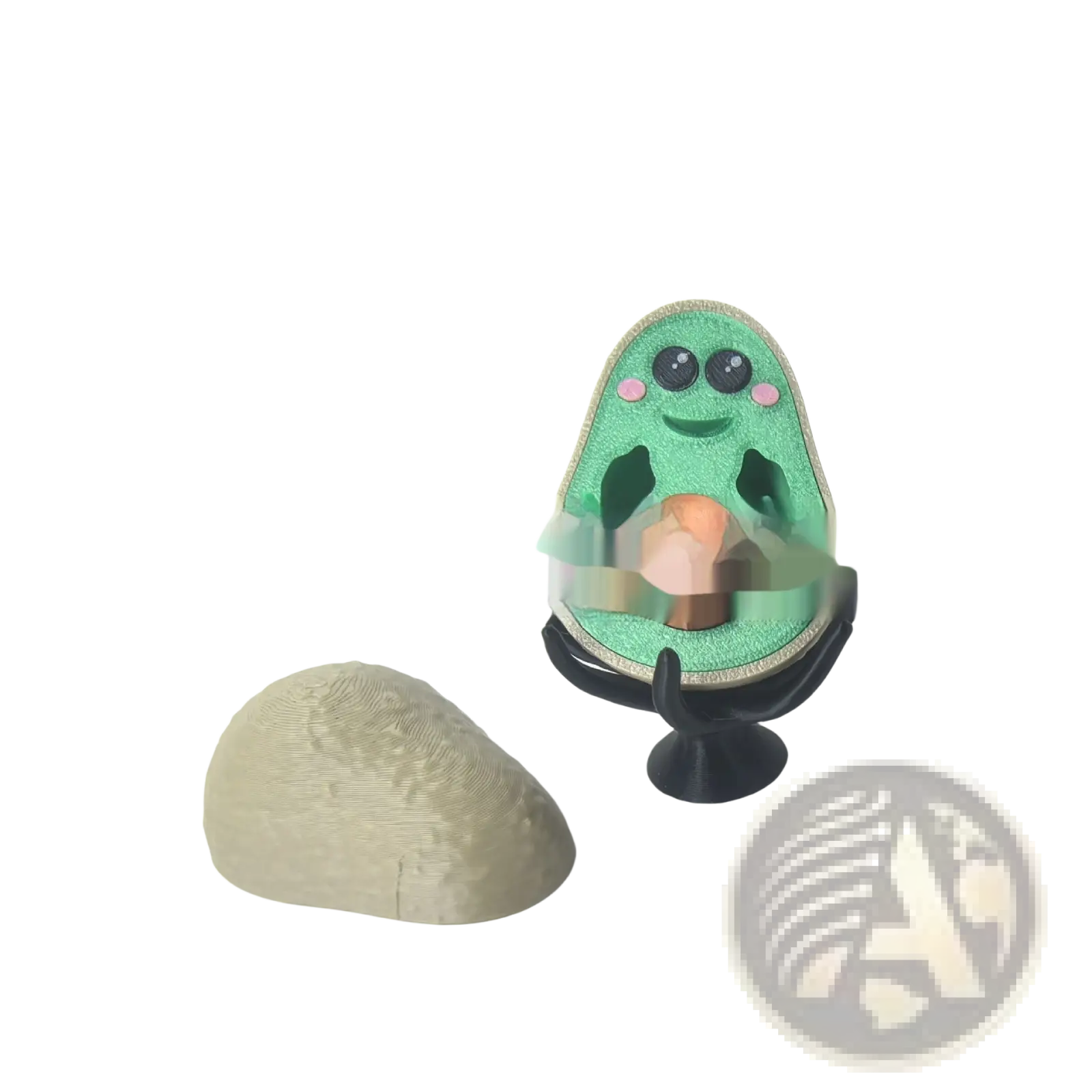 A cute green avocado-shaped 3d printed desk organizer with black eyes and pink cheeks used as phone stand