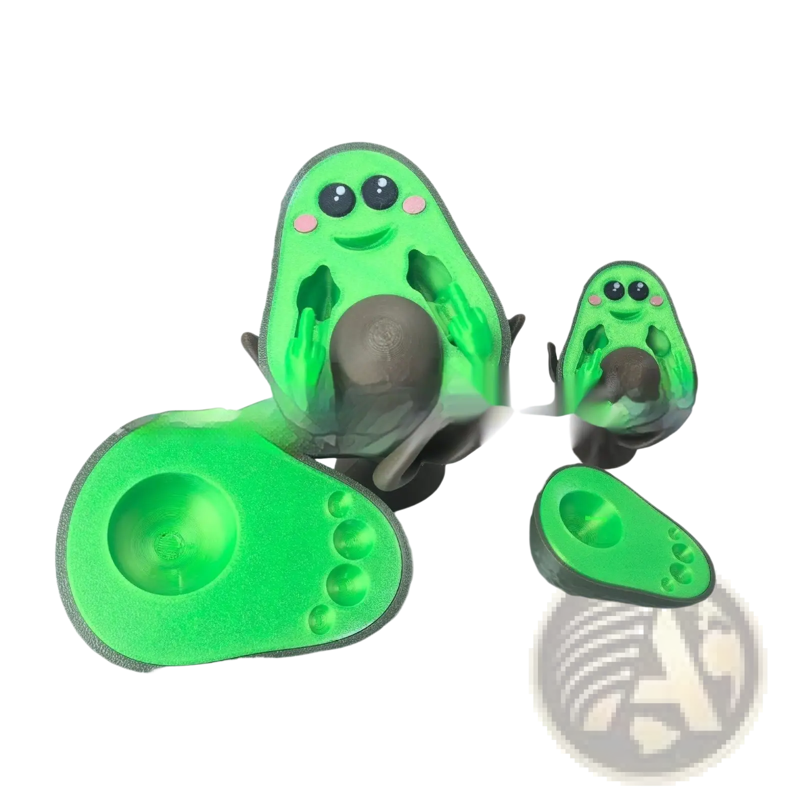 Green avocado-shaped 3d printed desk toy foot massagers with cartoon faces and textured surfaces 6.5cm