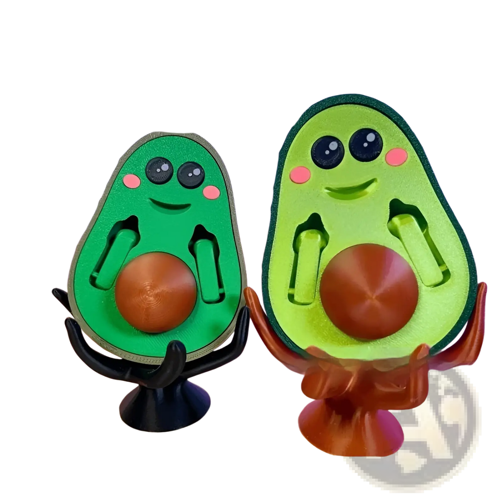 Two cute 3d-printed avocado phone stands with green bodies and brown centers for desk use 6.5cm tall