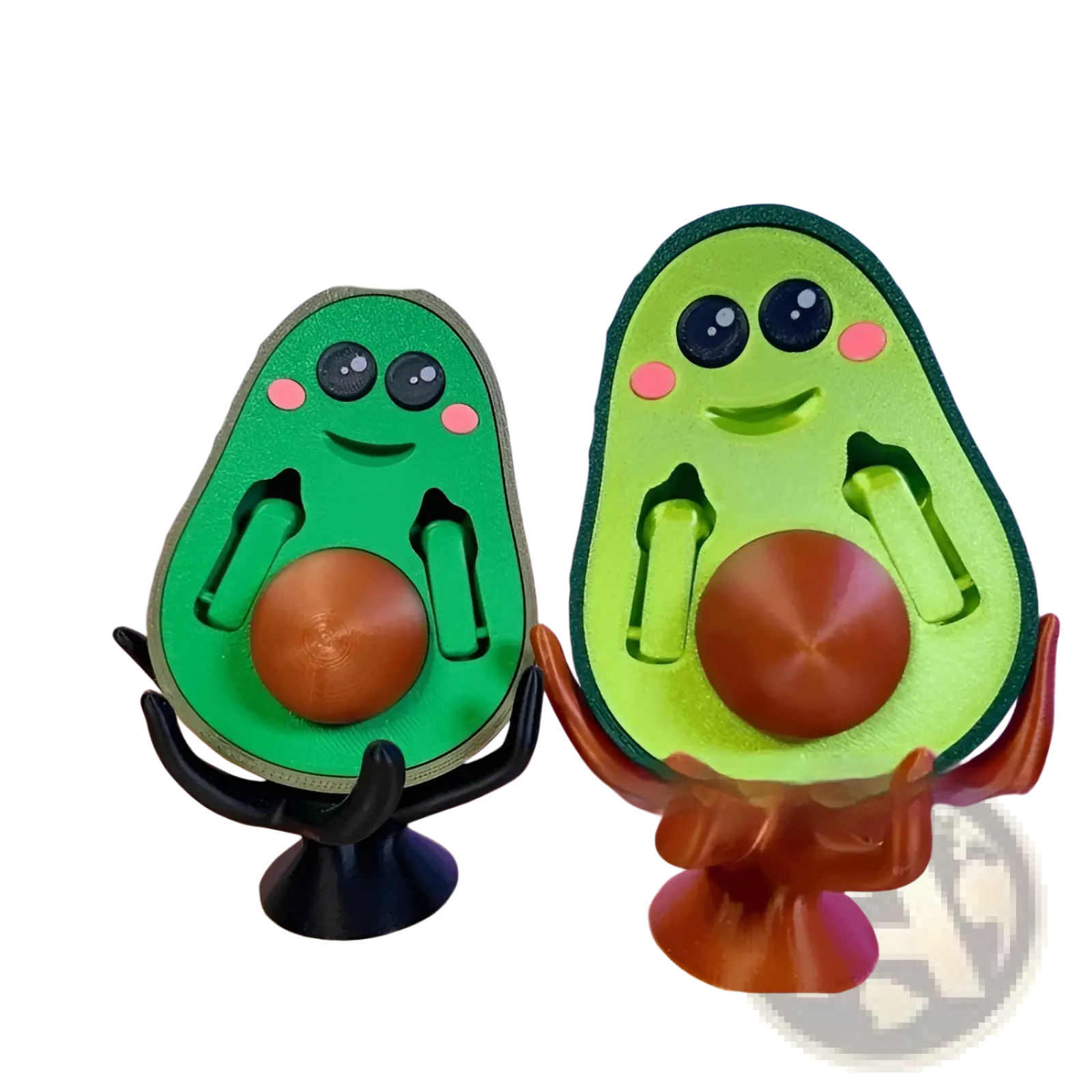 Two cute 3d-printed avocado phone stands with green bodies and brown centers for desk use 6.5cm tall