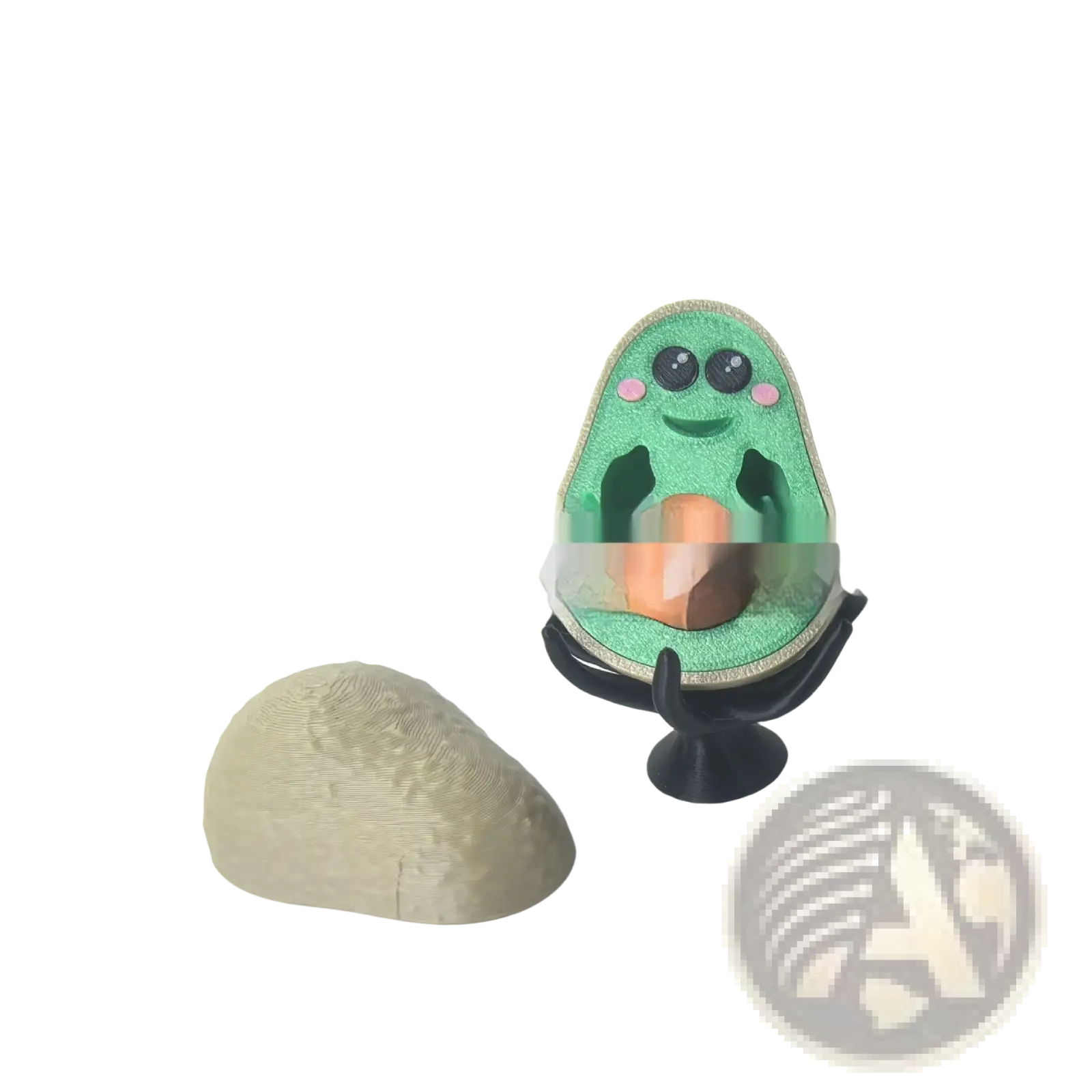 Green avocado-shaped 3d printed phone stand and desk toy with smiling face and orange pit interior 6.5cm
