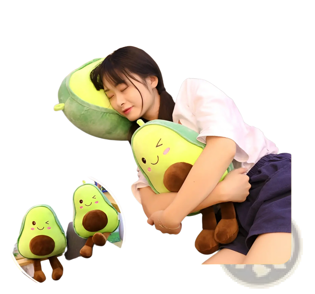 Green and brown avocado plush toy soft fruit pillow with smiling face and cute legs made of soft fabric for kids