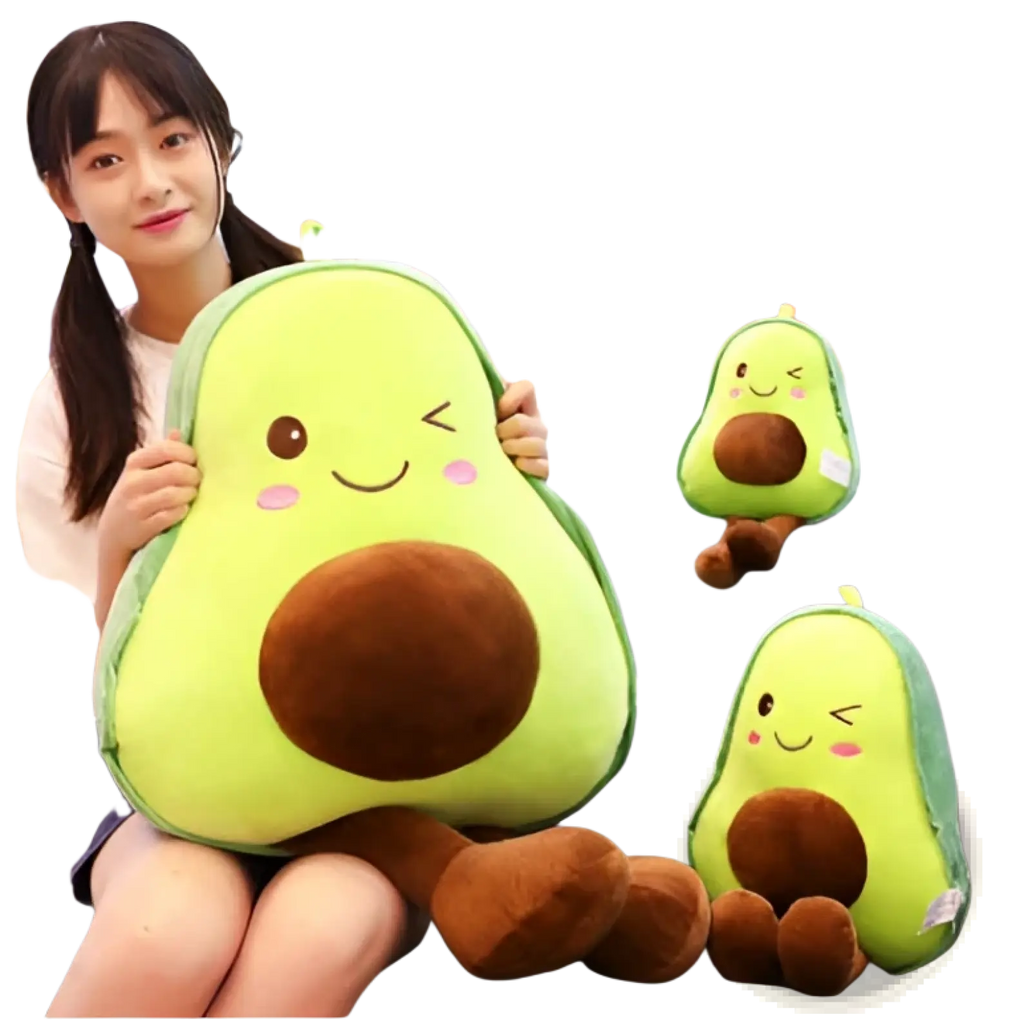 Green avocado-shaped plush toy with brown seed center and embroidered face soft fruit pillow for kids