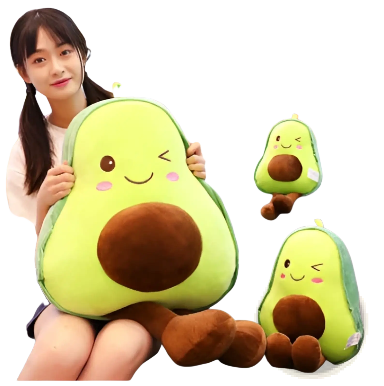 Green avocado-shaped plush toy with brown seed center and embroidered face soft fruit pillow for kids