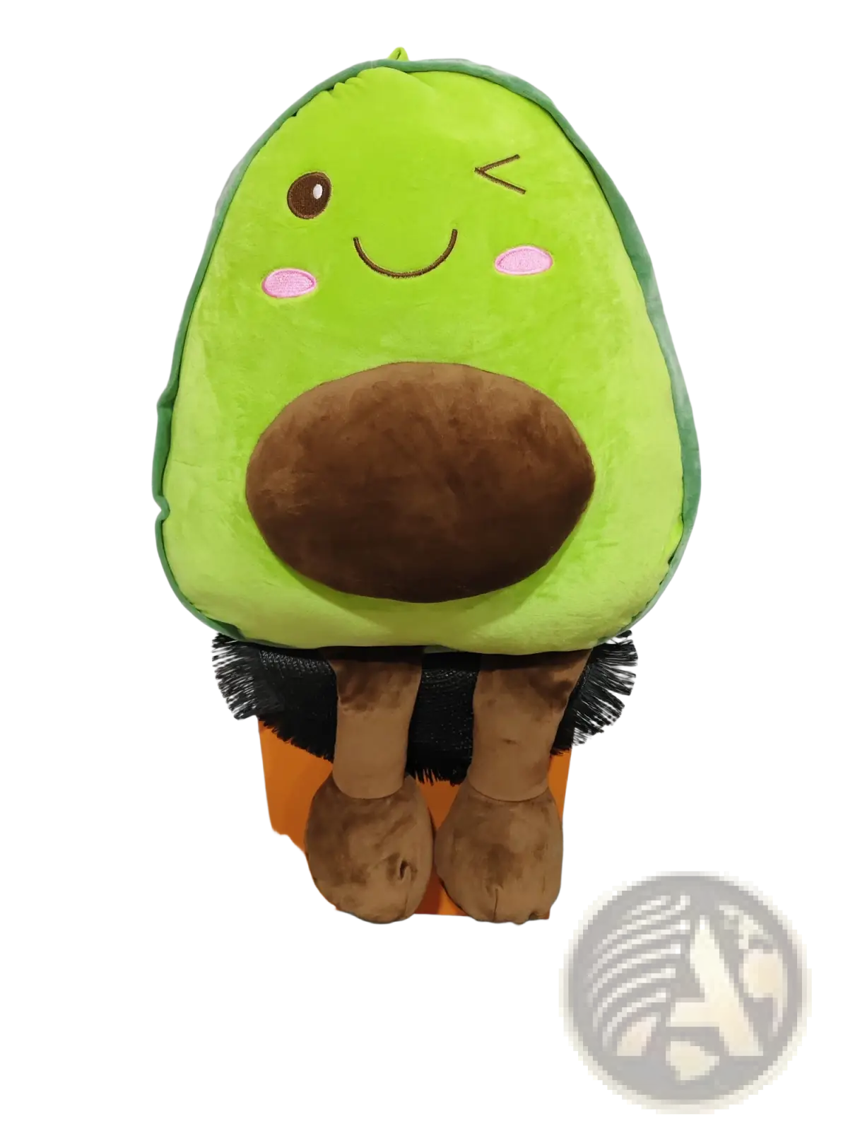 A plush avocado-shaped backpack with green body brown pit and embroidered facial features soft fruit pillow for kids