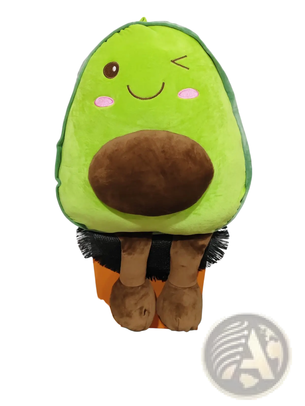 A plush avocado-shaped backpack with green body brown pit and embroidered facial features soft fruit pillow for kids