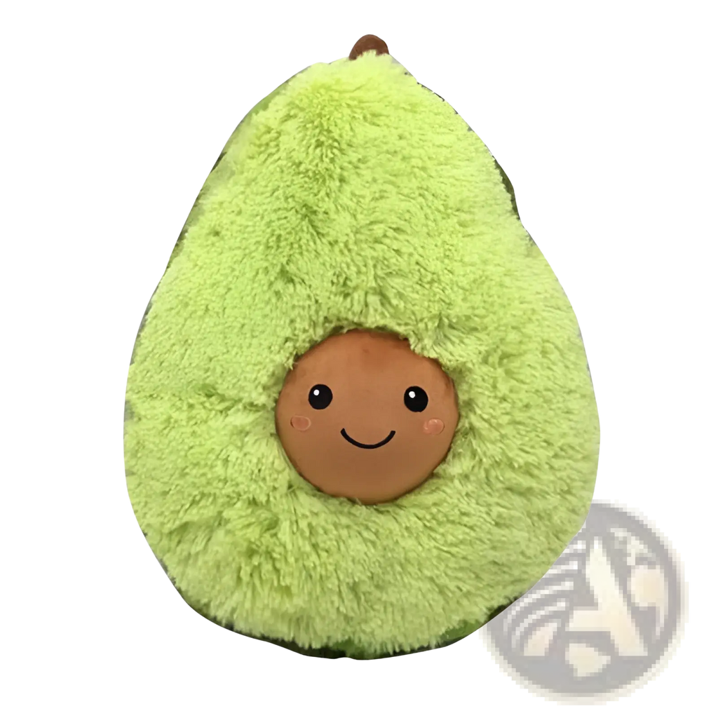 A soft stuffed cartoon avocado plush toy with a fuzzy lime green exterior and a smiling brown face pillow