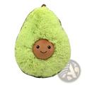 A soft stuffed cartoon avocado plush toy with a fuzzy lime green exterior and a smiling brown face pillow