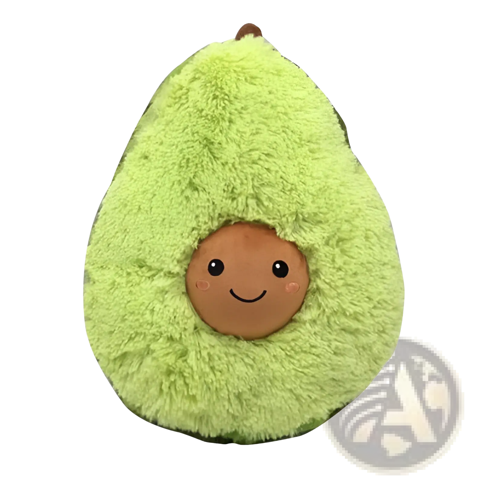 A soft stuffed cartoon avocado plush toy with a fuzzy lime green exterior and a smiling brown face pillow