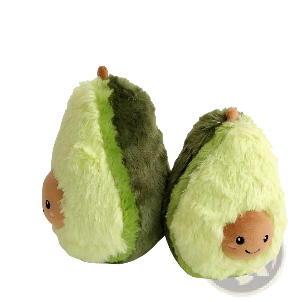 Cute avocado plush toy with soft green fur and smiling face on brown pit, perfect as a stuffed cartoon pillow