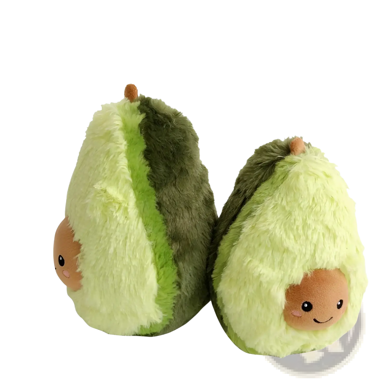 Cute avocado plush toy with soft green fur and smiling face on brown pit, perfect as a stuffed cartoon pillow