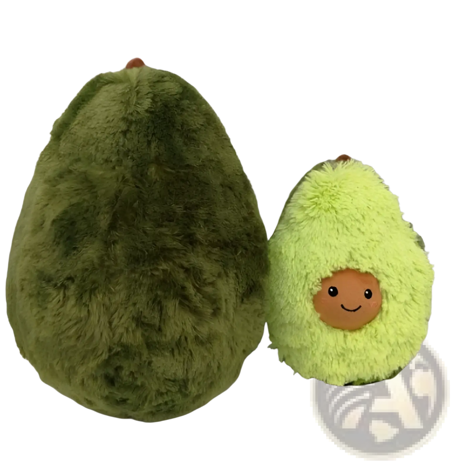 Fuzzy green avocado plush toy soft stuffed cartoon pillow featuring a whole and smiling halved design