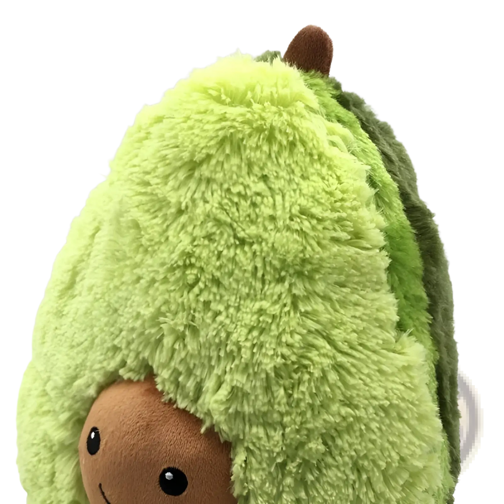 Avocado plush toy soft stuffed cartoon pillow with fuzzy lime green body darker green textured skin and brown stem on top