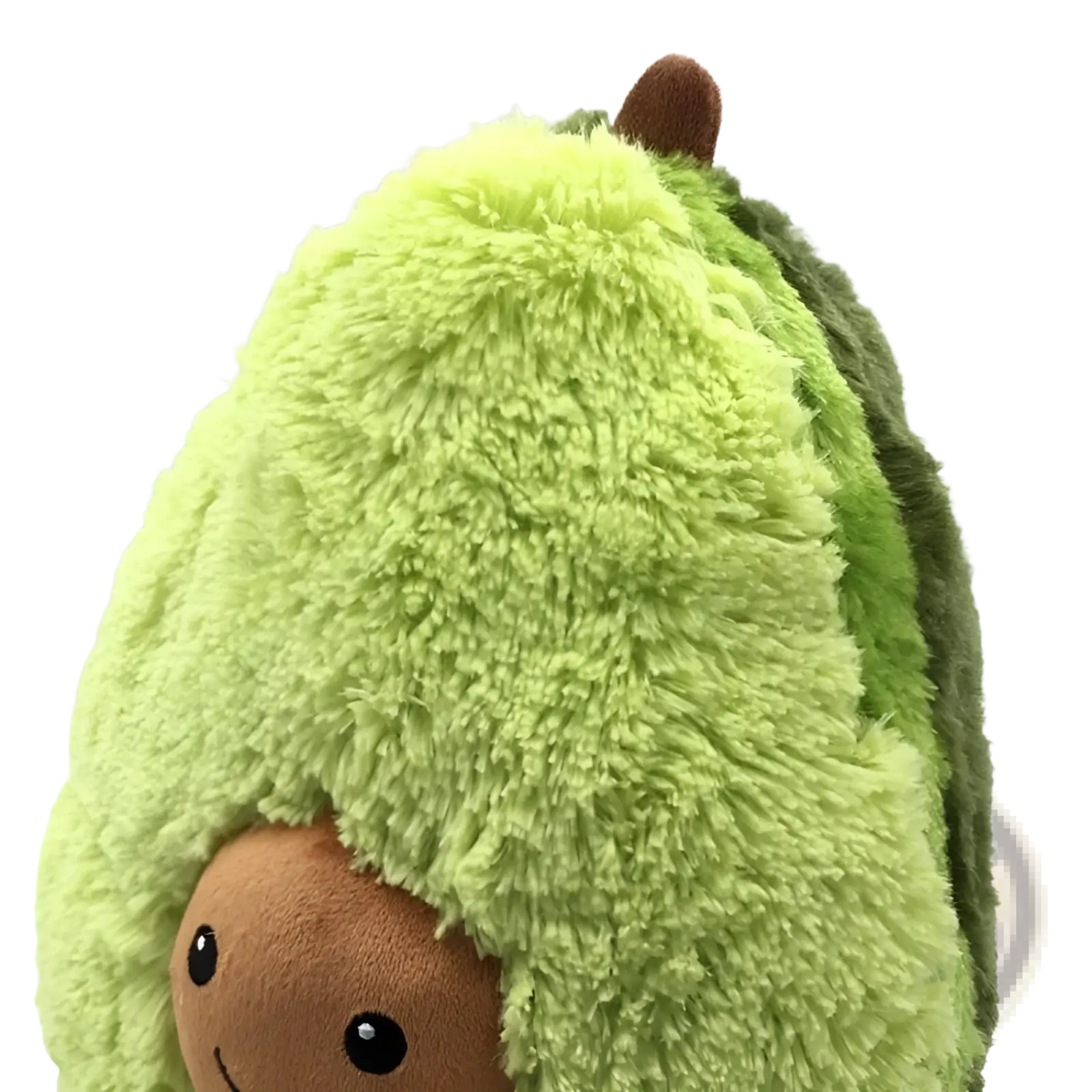 Avocado plush toy soft stuffed cartoon pillow with fuzzy lime green body darker green textured skin and brown stem on top